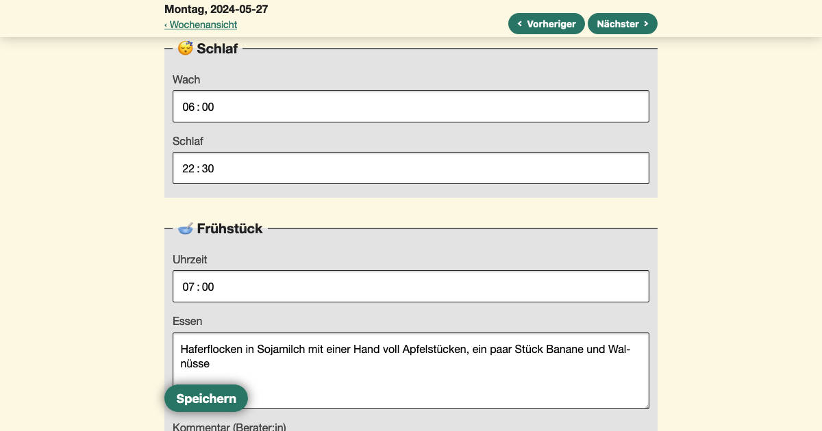 Screenshot des Formulars zur Eintragung von Schlaf (Uhrzeiten) sowie Frühstück mit Urhzeit und Details zur Mahlzeit: Haferflocken in Sojamilch mit einer Hand voll Apfelstücken, ein paar Stück Banane und Walnüsse