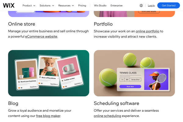 Screenshot der Wix Website mit Features: Online Store, Portfolio, Blog, Scheduling software